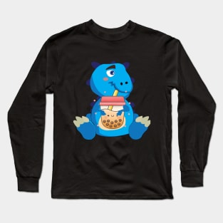 Baby Blue Dino Boba T rex Dinosaur  drinking Bubble tea Long Sleeve T-Shirt